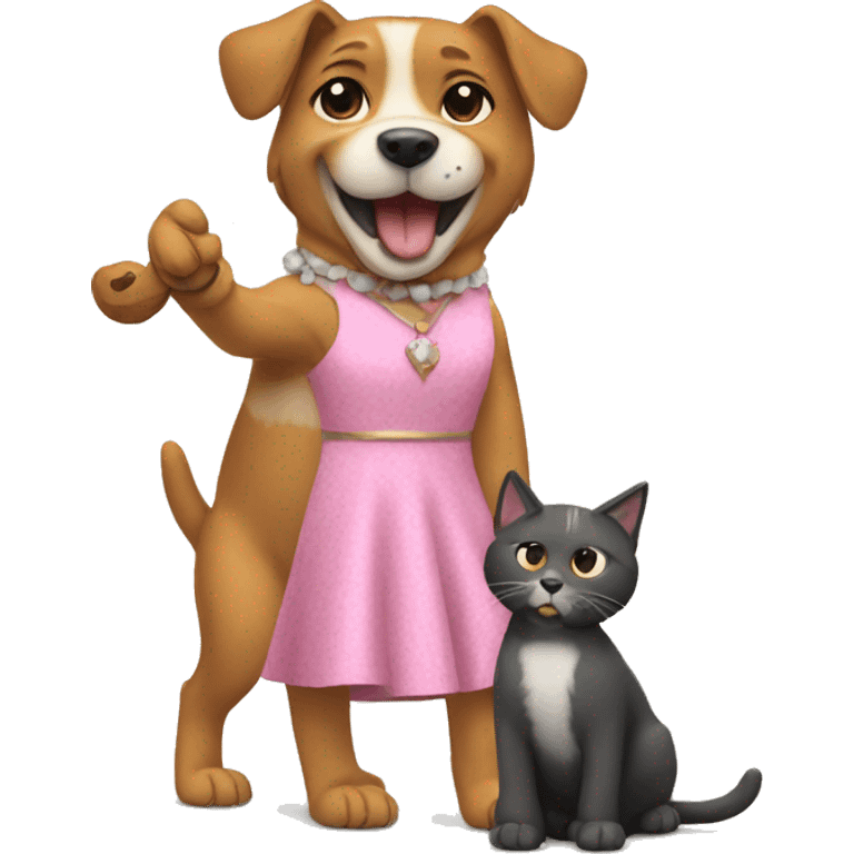 Dog wearing dress and singging with a cat emoji