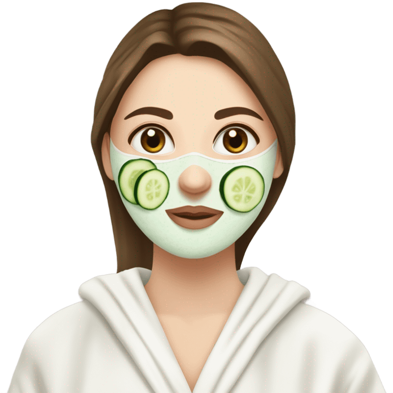 White girl with Brown hair and blue eyes wears a Green colored skincare clay textured mask and puts on cucumbers around her eyes while She relaxes in her white Robe emoji