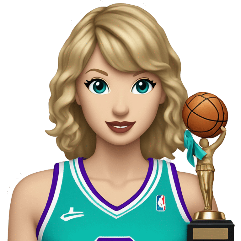 Taylor Swift wearing purple and aqua basketball uniform holding trophy with SWIFTYS on uniform  emoji