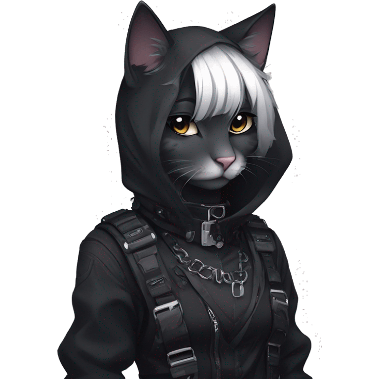 Gorgeous gothic dark techwear anime style anthro cat with blushing face aesthetic and pretty edgy black with collar and harness trending style emoji