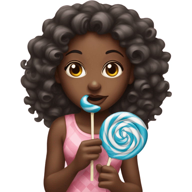 black girl with long curly hair eating lollipop emoji