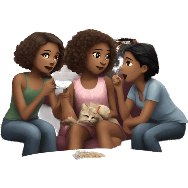 Two girls and a cat watching a movie in a house overlooking the Eiffel Tower emoji