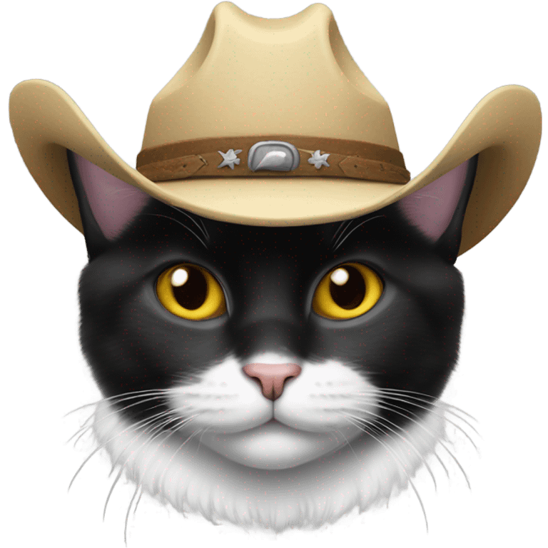 Black and white Manx cat with a cowboy hat emoji