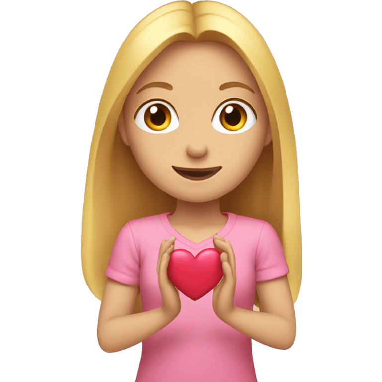 Girl with long blond hair and pink shirt making a heart with her hands emoji