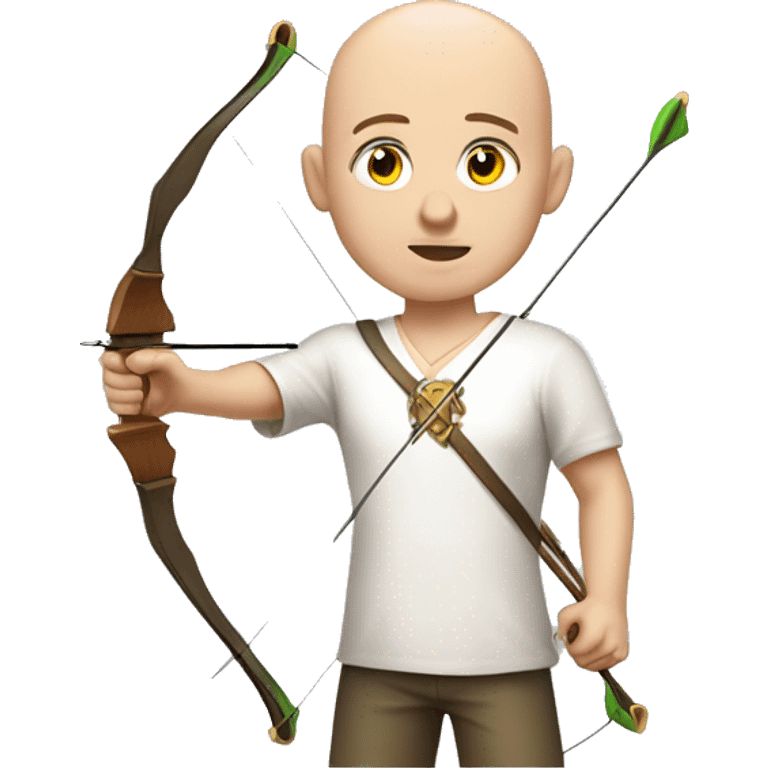 a male archer aiming with a bow looking at his target, wearing a white shirt, no hair, bright skin, emoji