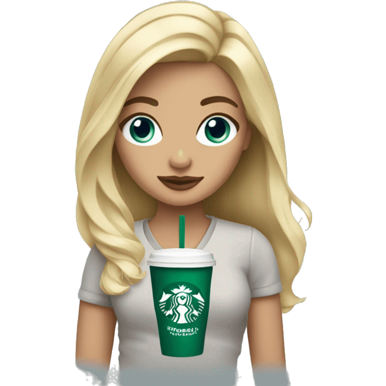 blonde girl blue eyes with Starbucks cup drink emoji