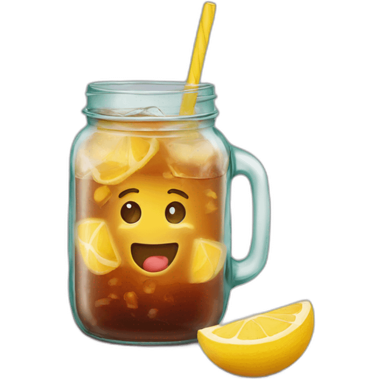 Ice tea in a mason jar, with no lid, and a staw emoji