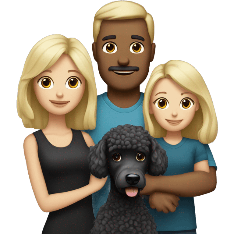 Blond Mom dad with dark hair and blond daughter with black poodle emoji