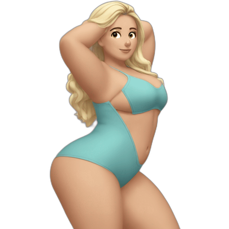 Slim-thicc Caucasian woman small panties hands-in-hair pose (beach body) emoji