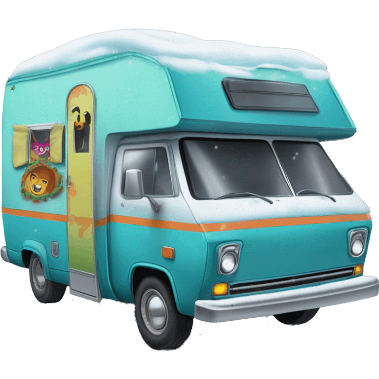 very expensive but haunted horror dream rv camper for Scooby Doo and the kids in the gang and Barbie while it’s cold and snowing hard outside. Spare Tire with cover attached to front of the vehicle like the Scooby van’s  emoji