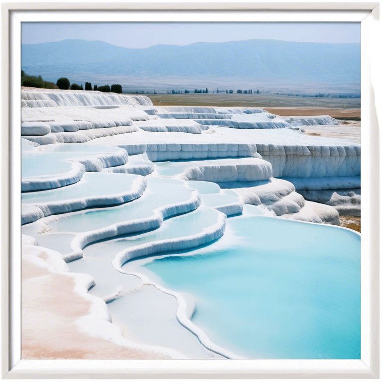 Cinematic Realistic Pamukkale Landmark Emoji, showcasing surreal cascading terraces of thermal waters rendered with ethereal textures and soft, luminous lighting. emoji