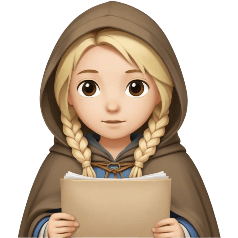 girl with blond braids wearing a tunic and a cloak with a hood over her shoulders holding a sheet of paper, medieval age emoji