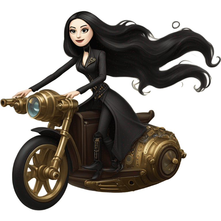 Jedi Morticia Addams riding  a Jumpspeeder anti-gravity repulsorlift swoop steampunk  emoji