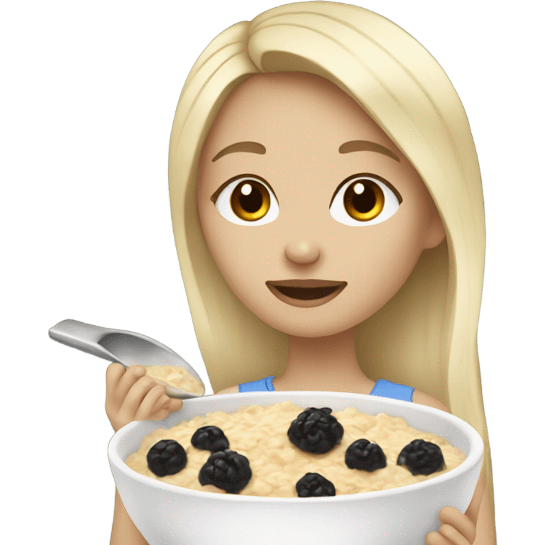 Pale girl with blonde highlights on black hair eating oatmeal emoji