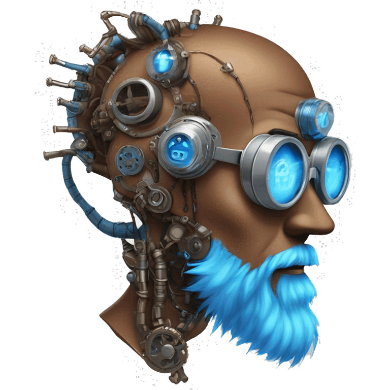 Brown cyborg head with blue Mohawk, blue beard, silver steampunk monocle goggles a smile and circuits emoji