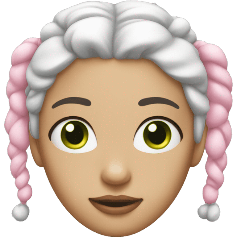 woman with white and pink hair in 2 buns.  She has green eyes. emoji