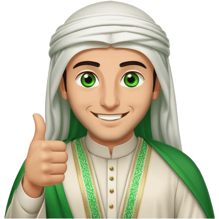 Arab Saudi man with green eyes, wearing an agal and traditional attire, smiling happily and giving a big thumbs-up emoji