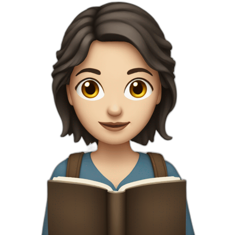 White woman with dark brown hair holding a book emoji