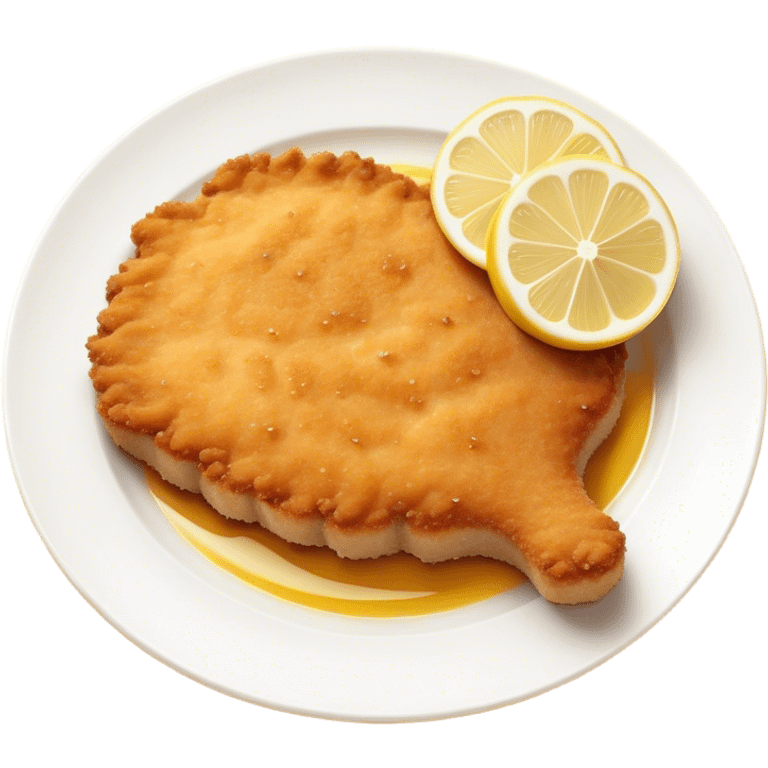 Cinematic Realistic Veal Schnitzel Dish Emoji, depicted as a golden, breaded veal cutlet served with lemon rendered with crisp textures and inviting, natural lighting. emoji