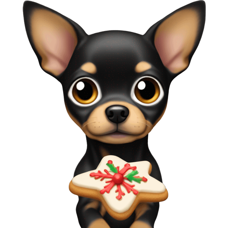 black & tan chihuahua puppy holding a christmas cookie emoji