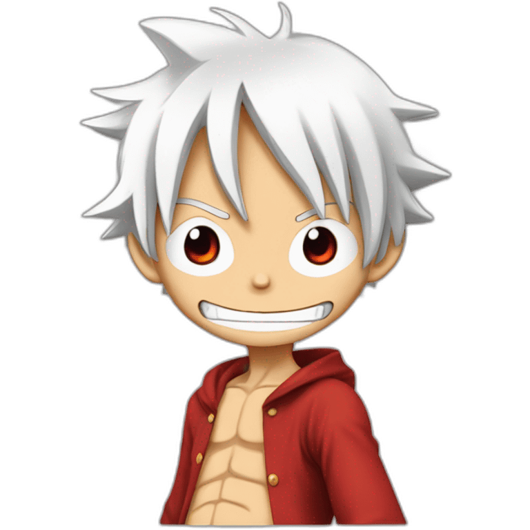 monkey d luffy with white hair  eyebrow, and red eyes sitting, emoji