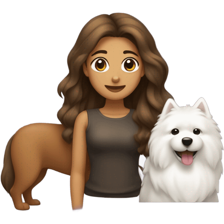 Chica de cabello castaño oscuro con un Perro samoyedo  emoji