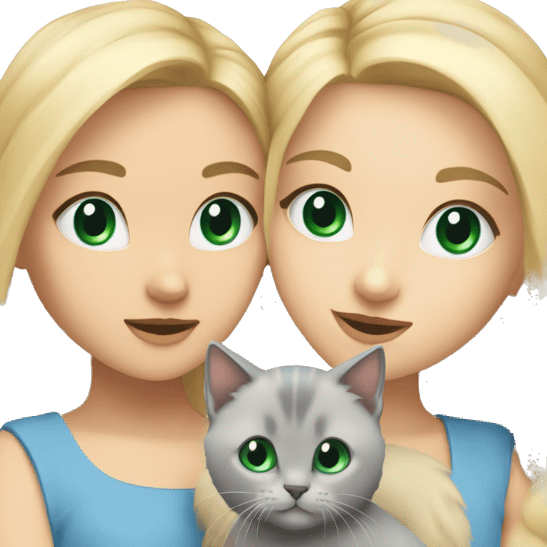 blue eyes grey kitten and green eyes blonde girl are friends emoji