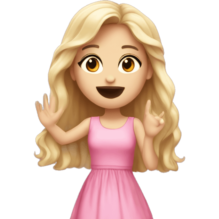 white girl with long hair and pink dress blowing a kiss  emoji