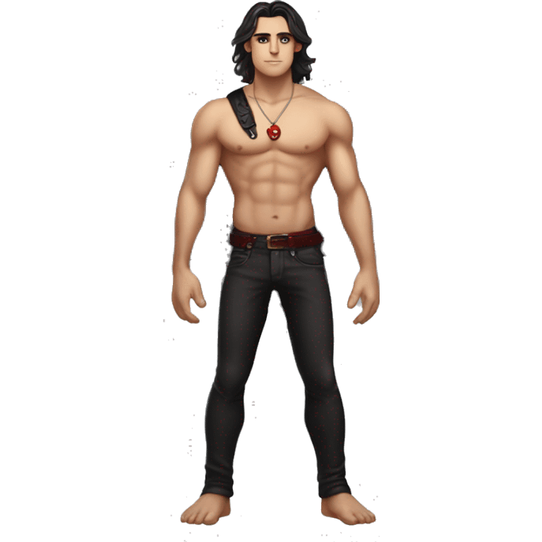 A strong buff fae male dressed in black with long brown hair large black wings  and a red charm in the middle of chest emoji