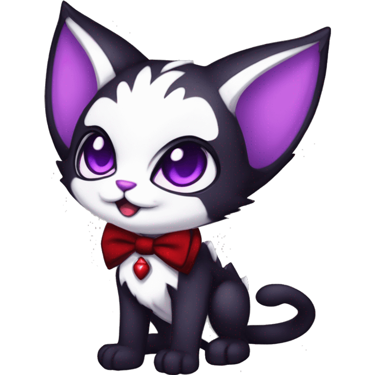 Cute-Evil-Vampiric-Batty-Cat-Black-Purple-Red-White-Contrast-Colors-Fantasy-Fur-Sona-Chibi-Shiny-Fakémon-Hybrid with horns and big fangs neck bow white tie leg spats full body emoji