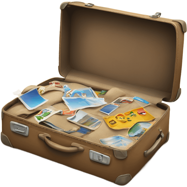 A suitcase with travel stickers placed on a sandy shore emoji