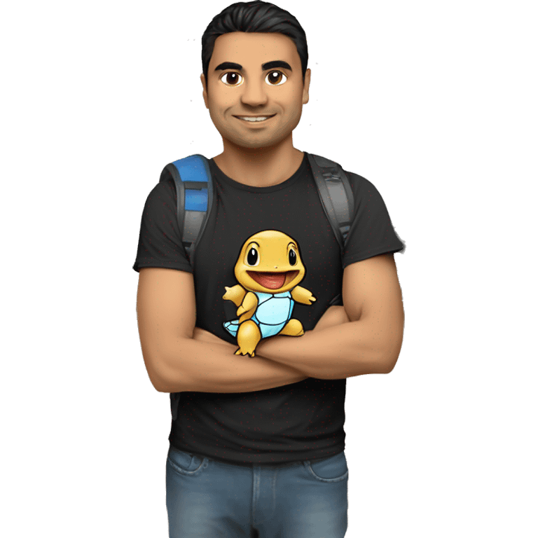 colombian software engineer with a squirtle and a mac. wearing a metallica t-shirt emoji