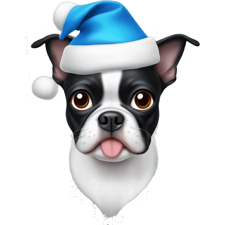 Boston terrier in blue Santa hat emoji