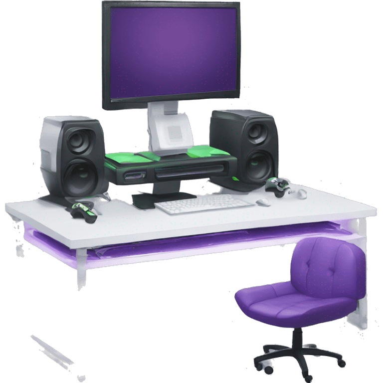 gaming setup, lighting, white purple chair, green purple theme, computer host,  emoji