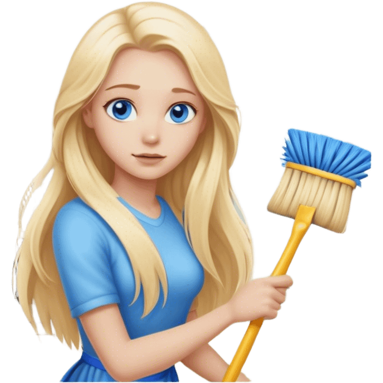 Cinematic realistic blonde with long hair, blue eyes cleans the room emoji