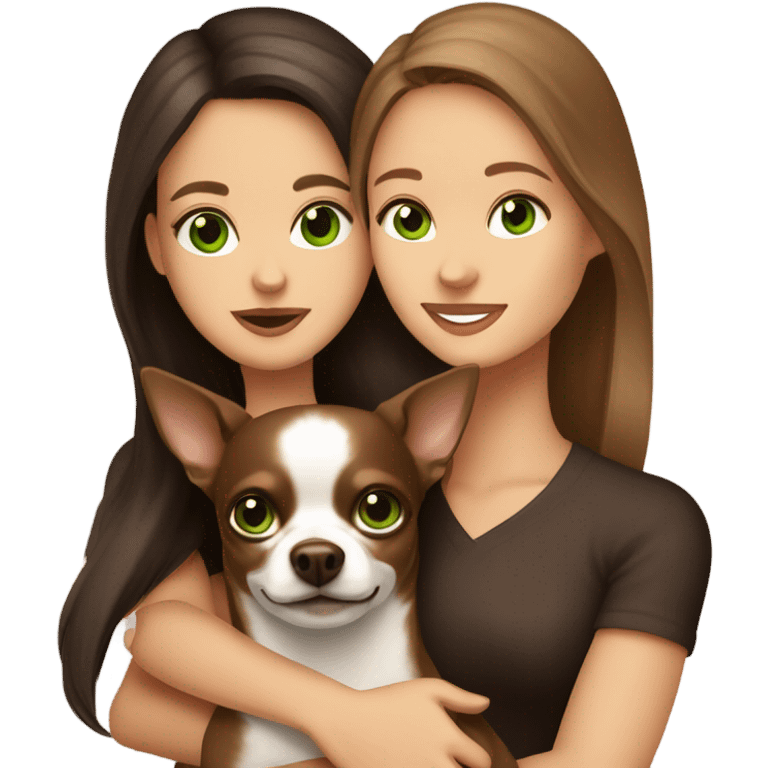 Long brown hair, green eyes, caucasian lady hugging dark brown chihuahua emoji