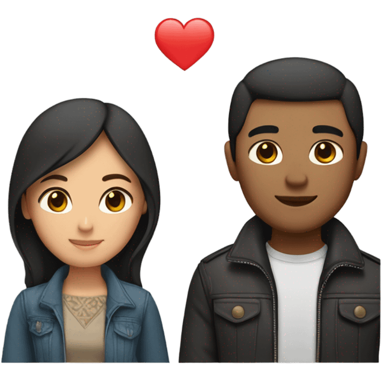 a couple holding hands. the guy has black middle part hair and is Persian and Filipino mix, wearing a jacket. the girl has brown hair white and asian mix, wearing a crop top. emoji