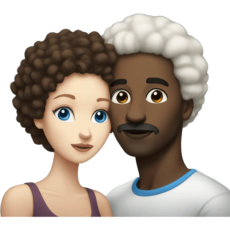 Black man with short Afro kissing brunette white woman with blue eyes emoji