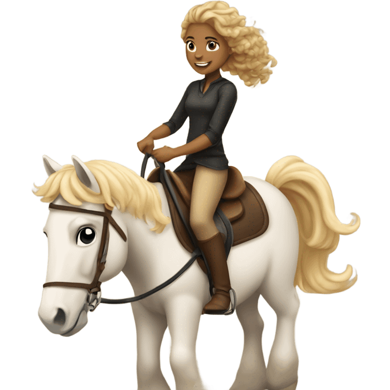 A tan girl with curly blonde hair riding a horse emoji