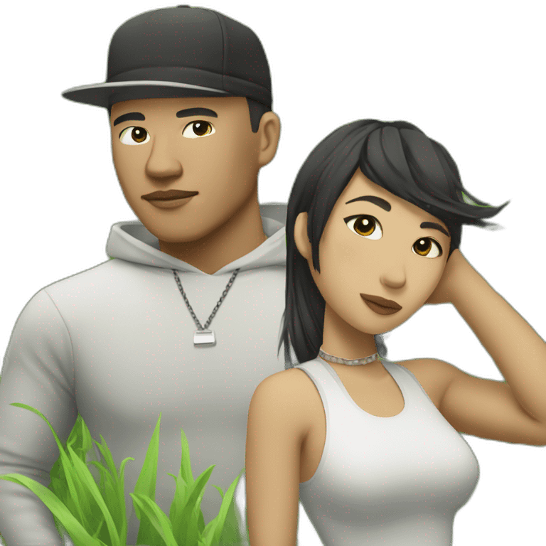 asian male rapper and a female songwriter in a huge grassland emoji