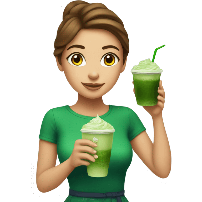 Beautiful girl with brawn hair holding cup of iced matcha  emoji