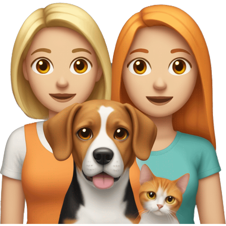 two white women couple, with one beagle dog, one orange cat, and two domestic short hair cats emoji