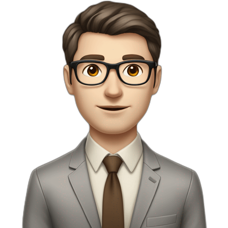 Pale skinned fit man with dark brown hair in gray jacket, beige office shirt, brown tie, brown pants and vintage glasses Writing on the flipchart emoji