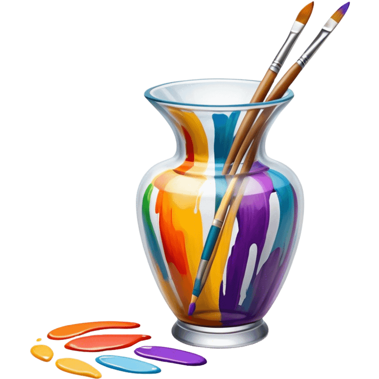 Glass painting icon, colorful brushstrokes on a glass vase, intricate painted patterns on the surface, visible fine paintbrush and palette beside it, no liquid inside the vase, minimalistic style, clean lines, transparent background. emoji