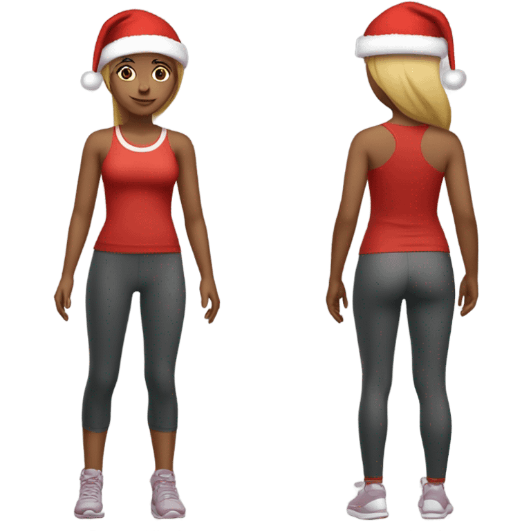 Emoji of full-body sporty girl в top and leggings wearing a red Christmas hat. emoji