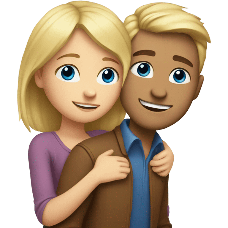 A guy with blue eyes and blond hair hugs a girl with brown eyes emoji