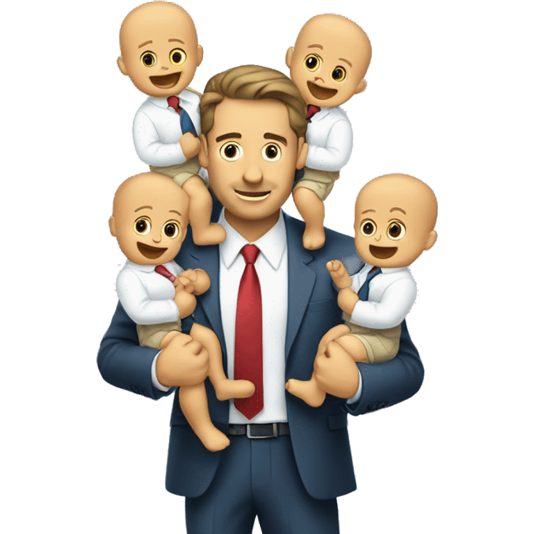 a businessman holding two babies, one in each arm. The business man has two more arms coming out of him, and with each of those he's dangling cash over the babies' heads emoji