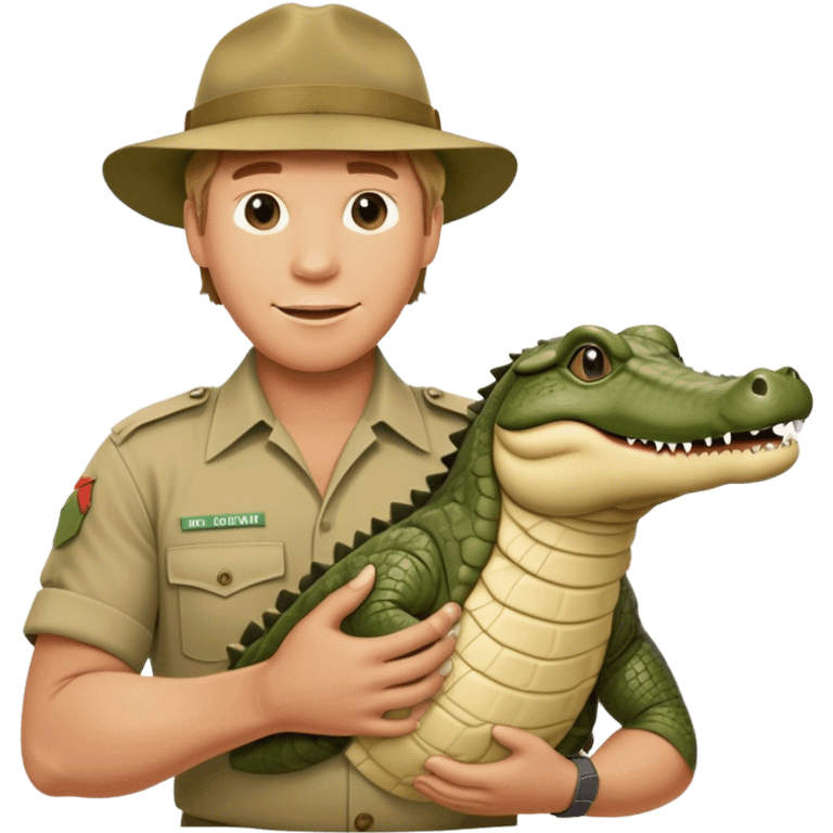 Cinematic Realistic Steve Irwin Portrait Emoji, in his signature khaki attire, holding a crocodile or giving an excited thumbs-up. The scene is lit with vibrant, natural sunlight, emphasizing his adventurous spirit and deep connection to nature. emoji