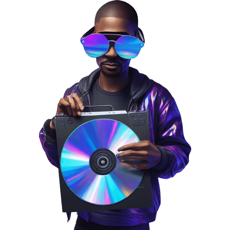 A dj wearing sunglasses playing music holding a cd record record, vinyl, oilslick holographic blacklight inverted graffiti dark dull emoji