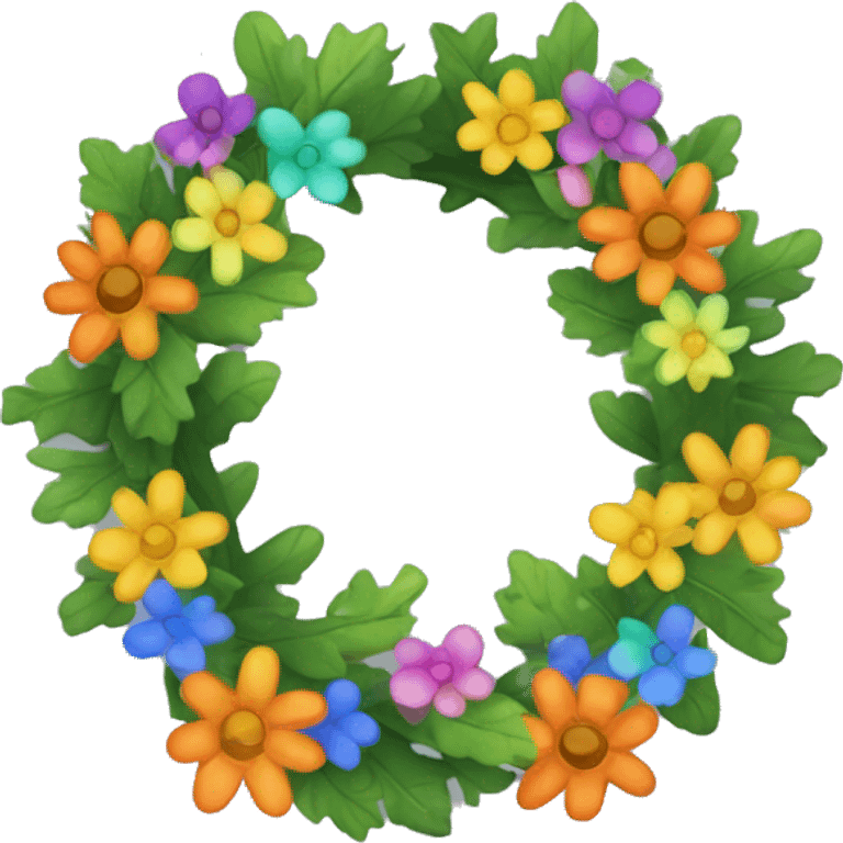 wreath of colourful flowers and green oak leaves in style of iOS emoji emoji